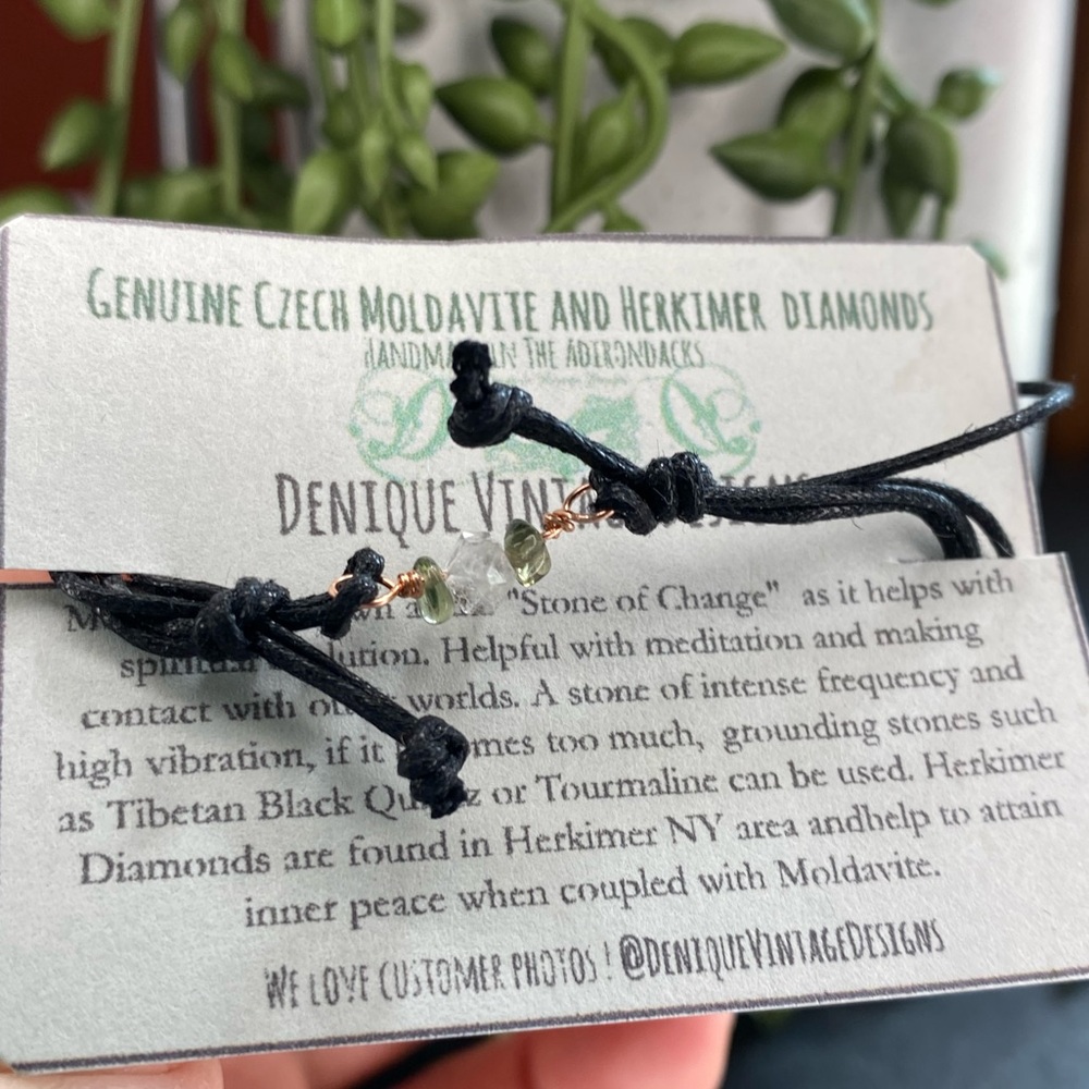 Herkimer diamond & Raw Moldavite Beads Cord Friendship Bracelet